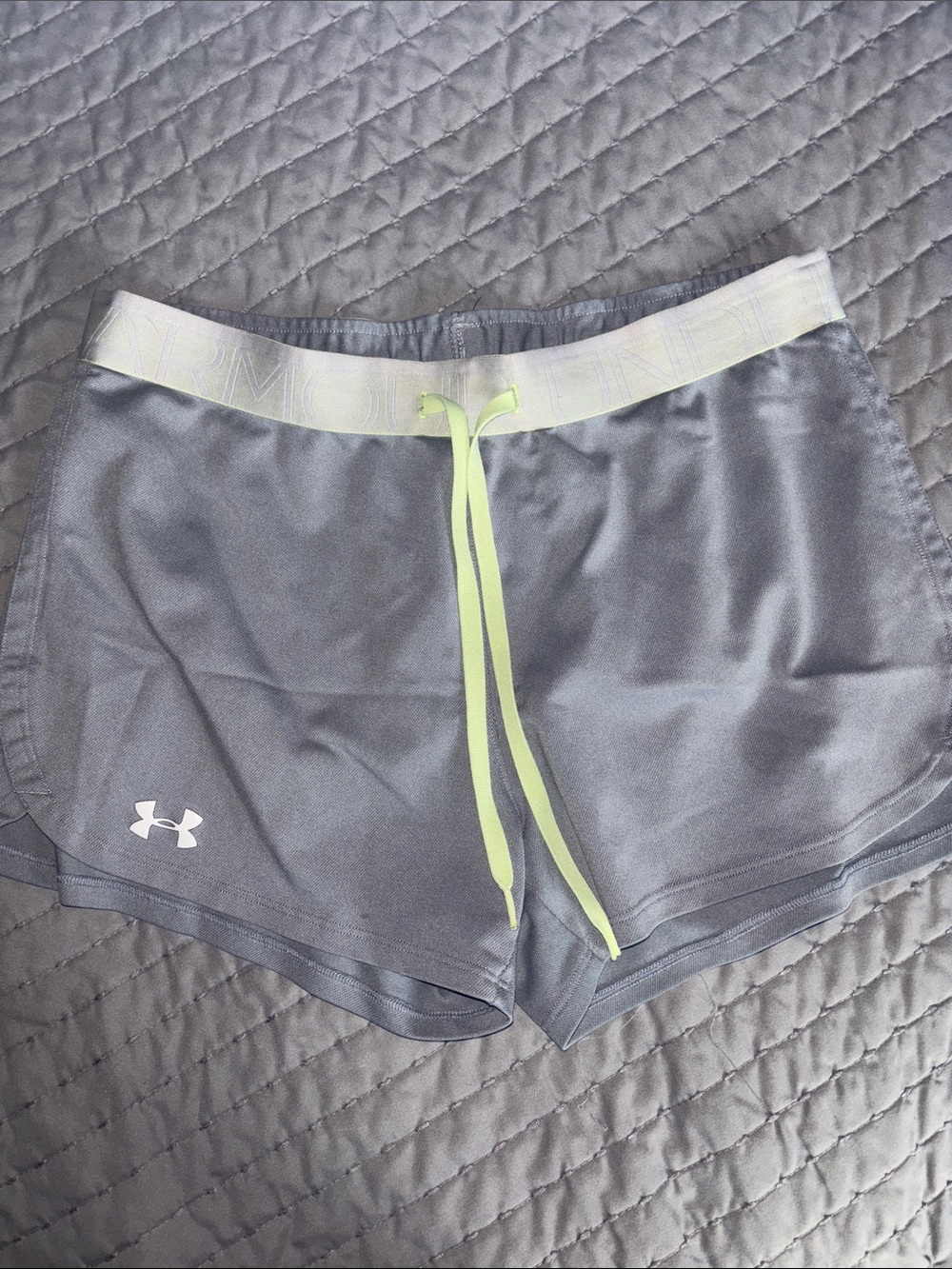 Under Armour Women's Gray Athletic Shorts with Neon Yellow Drawstring